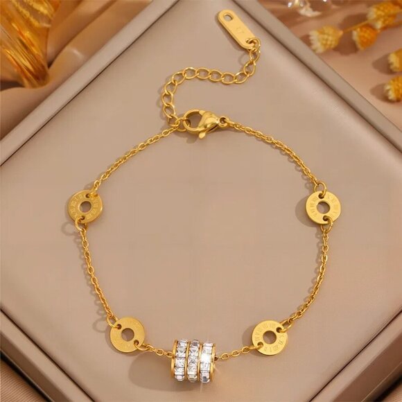 Jewelry - Gold Tone Roman Numeral Chain Bracelet | Zircon Accent Detail | Elegant Minimal